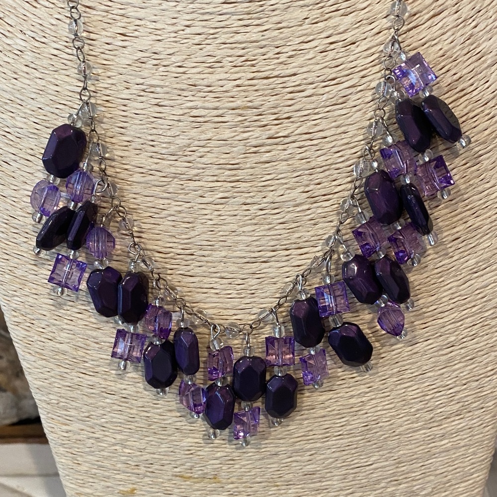 4/$10 statement necklace a cascade of purple amethyst and clear crystal beads